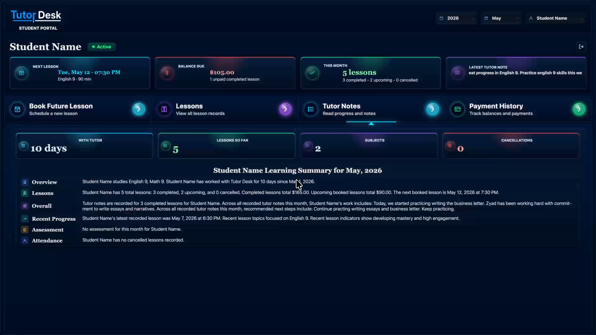 Tutor Desk Student Portal dashboard showing family overview, balances, and upcoming lessons.